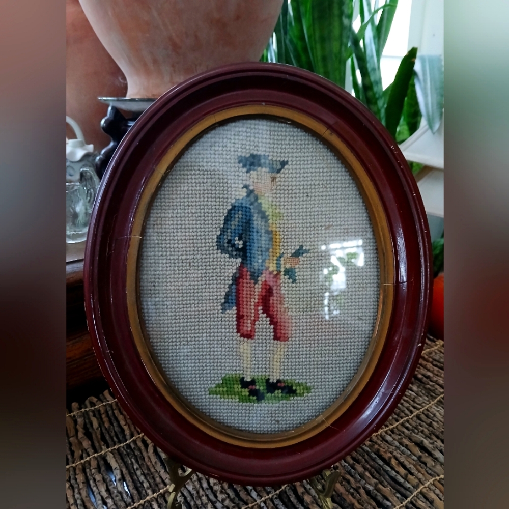 Vintage oval framed cross stitch embroidery Colonial Man